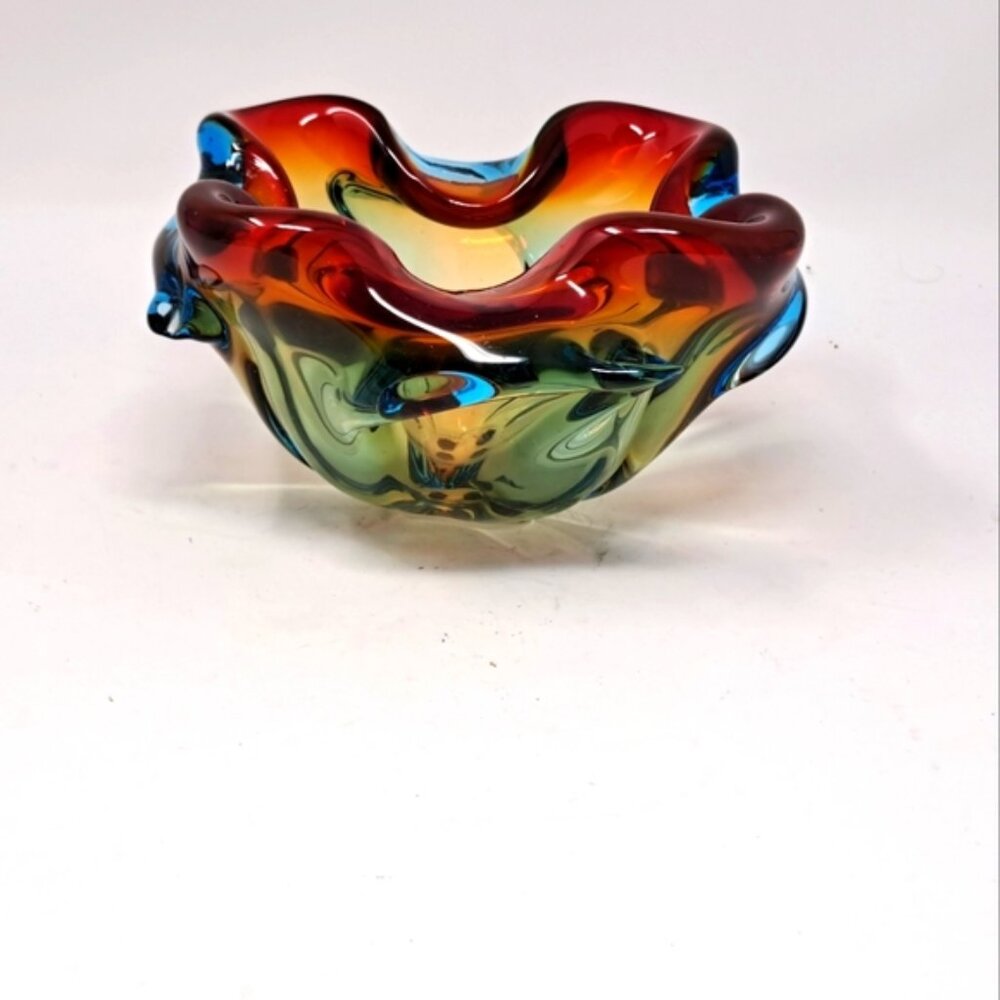 Blue And Red Art Glass Dish/Ashtray